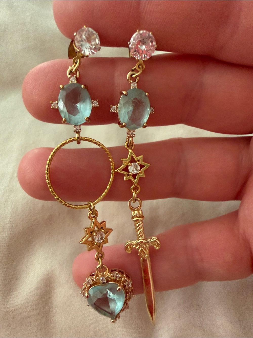 Heart and Dagger Gold and Turquoise blue gemstone dangle earrings